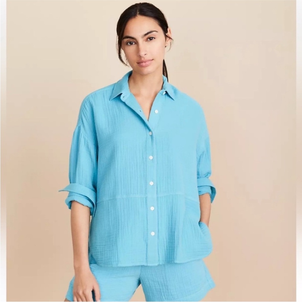 Lou & Grey Aqua Blue Triple Cloth Tunic Shirt, 100% Cotton gauze, Small